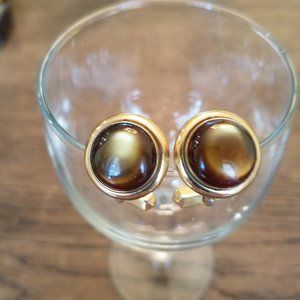 Vintage Gold Tone with Brown Stone Cuff Links